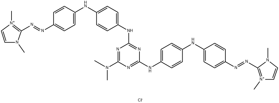 1H-Imidazolium, 2,2-6-(dimethylamino)-1,3,5-triazine-2,4-diylbis(imino-4,1-phenyleneimino-4,1-phenyleneazo)bis1,3-dimethyl-, dichloride Struktur