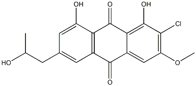 (+)-2-Chloro-1,8-dihydroxy-6-(2-hydroxypropyl)-3-methoxyanthraquinone Struktur