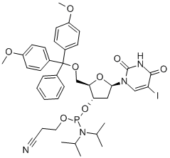 N-blocked-5'-O-DMT 3'-CED iododeoxyuridine phosphoramidite Struktur