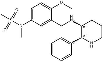 Rel-N-[4-Methoxy-3-[[[(2R,3R)-2-phenyl-3-piperidinyl]amino]methyl]phenyl]-N-methyl-methanesulfonamide Struktur