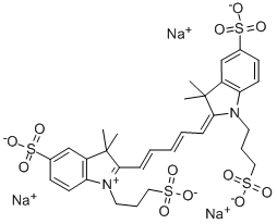 3H-INDOLIUM, 2-[5-[1,3-DIHYDRO-3,3-DIMETHYL-5-SULFO-1-(3-SULFOPROPYL)-2H-INDOL-2-YLIDENE]-1,3-PENTADIENYL]-3,3-DIMETHYL-5-SULFO-1-(3-SULFOPROPYL)-, INNER SALT, TRISODIUM SALT Struktur