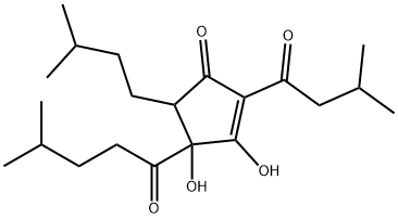 3,4-dihydroxy-5-(3-methylbutyl)-2-(3-methyl-1-oxobutyl)-4-(4-methyl-1-oxopentyl)cyclopent-2-en-1-one Struktur