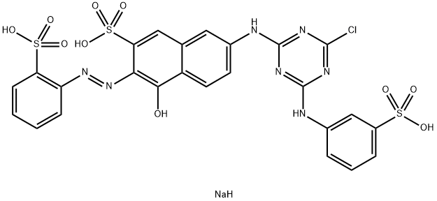 trisodium 7-[[4-chloro-6-[(3-sulphonatophenyl)amino]-1,3,5-triazin-2-yl]amino]-4-hydroxy-3-[(2-sulphonatophenyl)azo]naphthalene-2-sulphonate Struktur