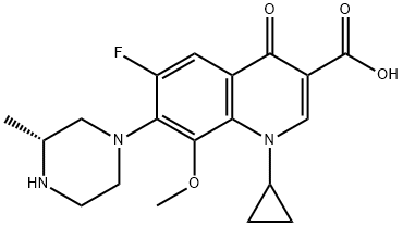 3-Quinolinecarboxylic acid, 1-cyclopropyl-6-fluoro-1,4-dihydro-8-Methoxy-7-[(3R)-3-Methyl-1-piperazinyl]-4-oxo- Struktur