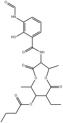 8-ethyl-3-[[3-(formylamino)salicyloyl]amino]-2,6-dimethyl-4,9-dioxo-1,5-dioxonan-7-yl butyrate Struktur