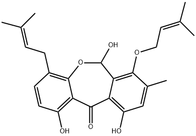 1,6,10-Trihydroxy-4-(3-methyl-2-butenyl)-7-[(3-methyl-2-butenyl)oxy]-8-methyldibenz[b,e]oxepin-11(6H)-one Struktur