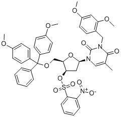 2,4(1H,3H)-PYRIMIDINEDIONE,1-[5-O-[BIS(4-METHOXYPHENYL)PHENYLMETHYL]-2-DEOXY-3-O-[(4-NITROPHENYL)SULFONYL]-BETA-D-THREO-PENTOFURANOSYL]-3-[(2,4-DIMETHOXYPHENYL)METHYL]-5-METHYL- Struktur