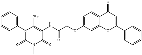 Acetamide,  N-(6-amino-1,2,3,4-tetrahydro-3-methyl-2,4-dioxo-1-phenyl-5-pyrimidinyl)-2-[(4-oxo-2-phenyl-4H-1-benzopyran-7-yl)oxy]- Struktur