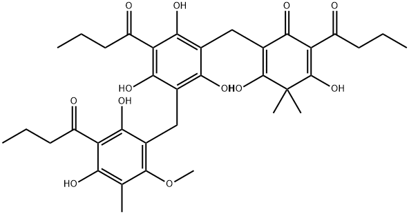 2-[[3-[[2,4-Dihydroxy-6-methoxy-5-methyl-3-(1-oxobutyl)phenyl]methyl]-2,4,6-trihydroxy-5-(1-oxobutyl)phenyl]methyl]-3,5-dihydroxy-4,4-dimethyl-6-(1-oxobutyl)-2,5-cyclohexadien-1-one Struktur