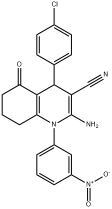 2-amino-4-(4-chlorophenyl)-1-{3-nitrophenyl}-5-oxo-1,4,5,6,7,8-hexahydro-3-quinolinecarbonitrile Struktur