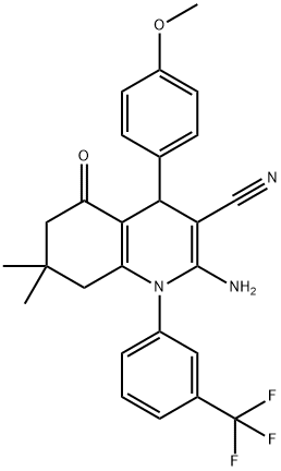 2-amino-4-(4-methoxyphenyl)-7,7-dimethyl-5-oxo-1-[3-(trifluoromethyl)phenyl]-1,4,5,6,7,8-hexahydro-3-quinolinecarbonitrile Struktur