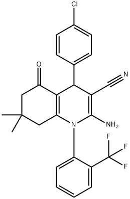 2-amino-4-(4-chlorophenyl)-7,7-dimethyl-5-oxo-1-[2-(trifluoromethyl)phenyl]-1,4,5,6,7,8-hexahydro-3-quinolinecarbonitrile Struktur