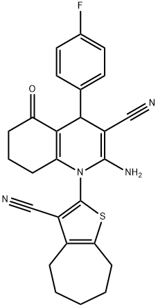 2-amino-1-(3-cyano-5,6,7,8-tetrahydro-4H-cyclohepta[b]thien-2-yl)-4-(4-fluorophenyl)-5-oxo-1,4,5,6,7,8-hexahydro-3-quinolinecarbonitrile Struktur