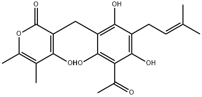 3-[4-Acetyl-2,3,6-trihydroxy-5-(3-methyl-2-butenyl)benzyl]-4-hydroxy-5,6-dimethyl-2H-pyran-2-one Struktur