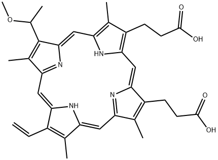 21H,23H-Porphine-2,18-dipropanoic acid, 12-ethenyl-7-(1-methoxyethyl)-3,8,13,17-tetramethyl- Struktur