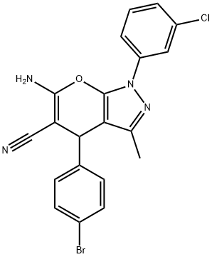 6-amino-4-(4-bromophenyl)-1-(3-chlorophenyl)-3-methyl-1,4-dihydropyrano[2,3-c]pyrazole-5-carbonitrile Struktur