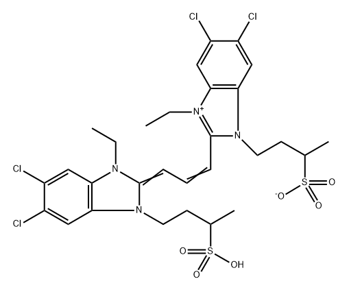 hydrogen 5,6-dichloro-2-[3-[5,6-dichloro-1-ethyl-1,3-dihydro-3-(3-sulphonatobutyl)-2H-benzimidazol-2-ylidene]propen-1-yl]-1-ethyl-3-(3-sulphonatobutyl)-1H-benzimidazolium  Struktur