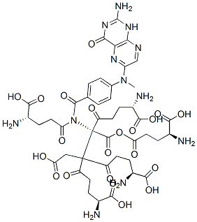 (2S,7R,11S)-2,11-diamino-6-[(4S)-4-amino-4-carboxy-butanoyl]-7-[[(4S)-4-amino-4-carboxy-butanoyl]-[4-[(2-amino-4-oxo-1H-pteridin-6-yl)methylamino]benzoyl]amino]-7-[(4S)-4-amino-4-carboxy-butanoyl]oxycarbonyl-6-(carboxymethyl)-5,8-dioxo-dodecanedioic acid Struktur