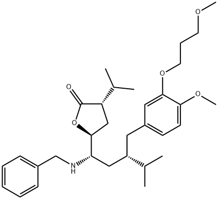 2(3H)-Furanone, dihydro-5-[(1S,3S)-3-[[4-Methoxy-3-(3-Methoxypropoxy)phenyl]Methyl]-4-Methyl-1-[(phenylMethyl)aMino]pentyl]-3-(1-Methylethyl)-, (3S,5S)- Struktur