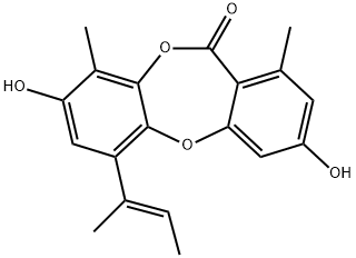 3,8-Dihydroxy-1,9-dimethyl-6-(1-methyl-1-propenyl)-11H-dibenzo[b,e][1,4]dioxepin-11-one Struktur