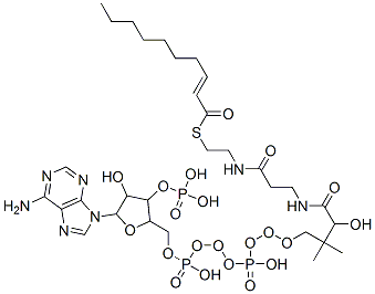 [5-(6-aminopurin-9-yl)-2-[[[[3-[2-(2-dec-2-enoylsulfanylethylcarbamoyl)ethylcarbamoyl]-3-hydroxy-2,2-dimethyl-propoxy]-hydroxy-phosphoryl]oxy-hydroxy-phosphoryl]oxymethyl]-4-hydroxy-oxolan-3-yl]oxyphosphonic acid Struktur