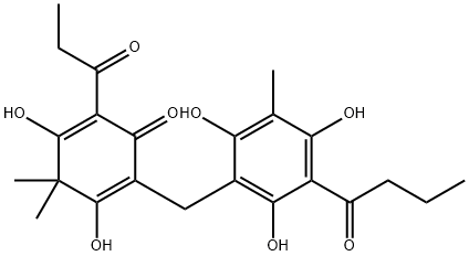 3,5-Dihydroxy-4,4-dimethyl-2-(1-oxopropyl)-6-[[2,4,6-trihydroxy-3-methyl-5-(1-oxobutyl)phenyl]methyl]-2,5-cyclohexadien-1-one Struktur