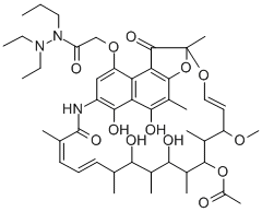 Acetic acid, ((1,2-dihydro-5,6,17,19,21-pentahydroxy-23-methoxy-2,4,12 ,16,18,20,22-heptamethyl-1,11-dioxo-2,7-(epoxypentadeca(1,11,13)trieni mino)naphtho(2,1-b)furan-9-yl)oxy)-, 21-acetate, 2,2-diethyl-1-propylh ydrazide Struktur