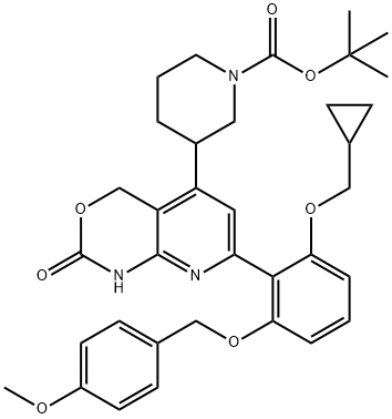 1-Piperidinecarboxylic acid, 3-[7-[2-(cyclopropylmethoxy)-6-[(4-methoxyphenyl)methoxy]phenyl]-1,4-dihydro-2-oxo-2H-pyrido[2,3-d][1,3]oxazin-5-yl]-, 1,1-dimethylethyl ester Struktur