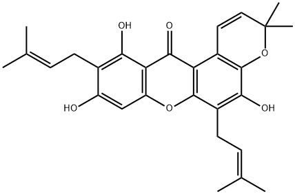 5,9,11-Trihydroxy-3,3-dimethyl-6,10-bis(3-methyl-2-butenyl)pyrano[3,2-a]xanthen-12(3H)-one Struktur