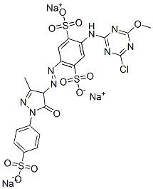 trisodium 2-[(4-chloro-6-methoxy-1,3,5-triazin-2-yl)amino]-5-[[4,5-dihydro-3-methyl-5-oxo-1-(4-sulphonatophenyl)-1H-pyrazol-4-yl]azo]benzene-1,4-disulphonate Struktur