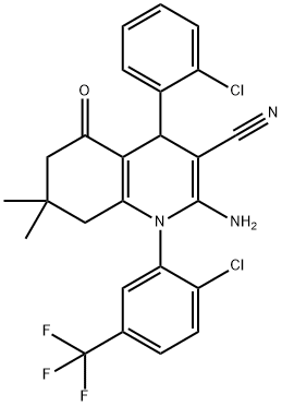 2-amino-4-(2-chlorophenyl)-1-[2-chloro-5-(trifluoromethyl)phenyl]-7,7-dimethyl-5-oxo-1,4,5,6,7,8-hexahydro-3-quinolinecarbonitrile Struktur