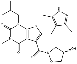 (S)-6-[(3,5-Dimethyl-1H-pyrazol-4-yl)methyl]-5-[(4-hydroxyisoxazolidin-2-yl)carbonyl]-1-isobutyl-3-methylthieno[2,3-d]pyrimidine-2,4(1H,3H)-dione Struktur