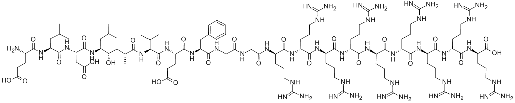 H-GLU-LEU-ASP-[(2R,4S,5S)-5-AMINO-4-HYDROXY-2,7-DIMETHYL-OCTANOYL]-VAL-GLU-PHE-GLY-GLY-D-ARG-D-ARG-D-ARG-D-ARG-D-ARG-D-ARG-D-ARG-D-ARG-D-ARG-OH Struktur