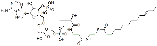 S-[2-[3-[[(2R)-4-[[[(2R,3R,5R)-5-(6-aminopurin-9-yl)-4-hydroxy-3-phosphonooxyoxolan-2-yl]methoxy-hydroxyphosphoryl]oxy-hydroxyphosphoryl]oxy-2-hydroxy-3,3-dimethylbutanoyl]amino]propanoylamino]ethyl] (E)-tetradec-11-enethioate Struktur