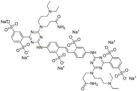 2,2'-[1,2-Ethenediylbis[(3-sulfo-4,1-phenylene)imino[6-[(3-amino-3-oxopropyl)[3-(diethylamino)propyl]amino]-1,3,5-triazine-4,2-diyl]]]bis[1,4-benzenedisulfonic acid]hexasodium salt Struktur