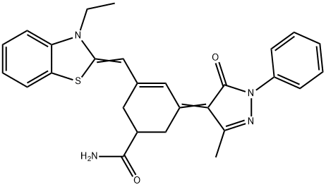 3-([3-ETHYL-1,3-BENZOTHIAZOL-2(3H)-YLIDENE]METHYL)-5-(3-METHYL-5-OXO-1-PHENYL-1,5-DIHYDRO-4H-PYRAZOL-4-YLIDENE)-3-CYCLOHEXENE-1-CARBOXAMIDE Struktur