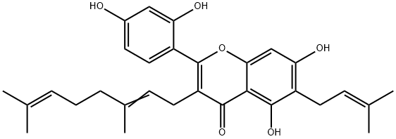 2-(2,4-Dihydroxyphenyl)-3-(3,7-dimethyl-2,6-octadienyl)-5,7-dihydroxy-6-(3-methyl-2-butenyl)-4H-1-benzopyran-4-one Struktur