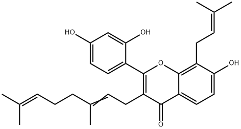 2-(2,4-Dihydroxyphenyl)-3-(3,7-dimethyl-2,6-octadienyl)-7-hydroxy-8-(3-methyl-2-butenyl)-4H-1-benzopyran-4-one Struktur