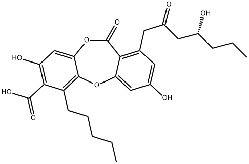 3,8-Dihydroxy-1-[(R)-4-hydroxy-2-oxoheptyl]-11-oxo-6-pentyl-11H-dibenzo[b,e][1,4]dioxepin-7-carboxylic acid Struktur