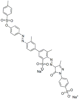 disodium 4-[[4,5-dihydro-3-methyl-5-oxo-1-(4-sulphonatophenyl)-1H-pyrazol-4-yl]azo]-3',5-dimethyl-4'-[[4-[[(4-methylphenyl)sulphonyl]oxy]phenyl]azo][1,1'-biphenyl]-3-sulphonate Struktur