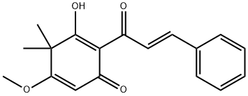 (E)-3-hydroxy-5-methoxy-4,4-dimethyl-2-(1-oxo-3-phenylpropen-2-yl)cyclohexa-2,5-dien-1-one Struktur