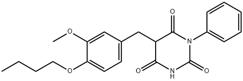 5-[(4-butoxy-3-methoxy-phenyl)methyl]-1-phenyl-1,3-diazinane-2,4,6-tri one Struktur