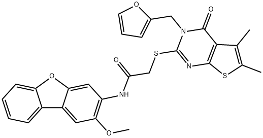 Acetamide, 2-[[3-(2-furanylmethyl)-3,4-dihydro-5,6-dimethyl-4-oxothieno[2,3-d]pyrimidin-2-yl]thio]-N-(2-methoxy-3-dibenzofuranyl)- (9CI) Struktur