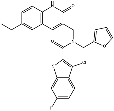 Benzo[b]thiophene-2-carboxamide, 3-chloro-N-[(6-ethyl-1,2-dihydro-2-oxo-3-quinolinyl)methyl]-6-fluoro-N-(2-furanylmethyl)- (9CI) Struktur