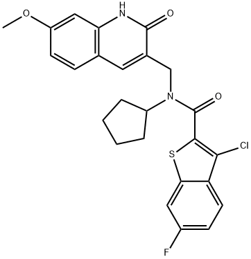 Benzo[b]thiophene-2-carboxamide, 3-chloro-N-cyclopentyl-N-[(1,2-dihydro-7-methoxy-2-oxo-3-quinolinyl)methyl]-6-fluoro- (9CI) Struktur