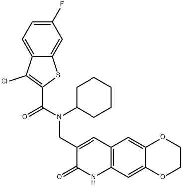 Benzo[b]thiophene-2-carboxamide, 3-chloro-N-cyclohexyl-6-fluoro-N-[(2,3,6,7-tetrahydro-7-oxo-1,4-dioxino[2,3-g]quinolin-8-yl)methyl]- (9CI) Struktur