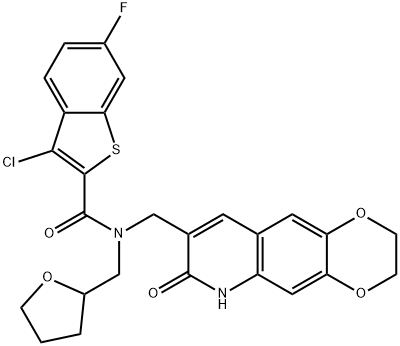 Benzo[b]thiophene-2-carboxamide, 3-chloro-6-fluoro-N-[(tetrahydro-2-furanyl)methyl]-N-[(2,3,6,7-tetrahydro-7-oxo-1,4-dioxino[2,3-g]quinolin-8-yl)methyl]- (9CI) Struktur