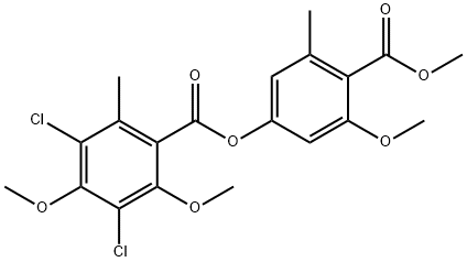 3,5-Dichloro-4,6-dimethoxy-o-toluic acid 3-methoxy-4-(methoxycarbonyl)-5-methylphenyl ester Struktur