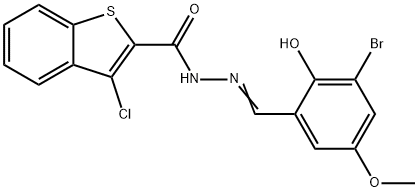 Benzo[b]thiophene-2-carboxylic acid, 3-chloro-, [(3-bromo-2-hydroxy-5-methoxyphenyl)methylene]hydrazide (9CI) Struktur