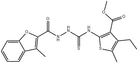 2-Benzofurancarboxylicacid,3-methyl-,2-[[[4-ethyl-3-(methoxycarbonyl)-5-methyl-2-thienyl]amino]thioxomethyl]hydrazide(9CI) Struktur